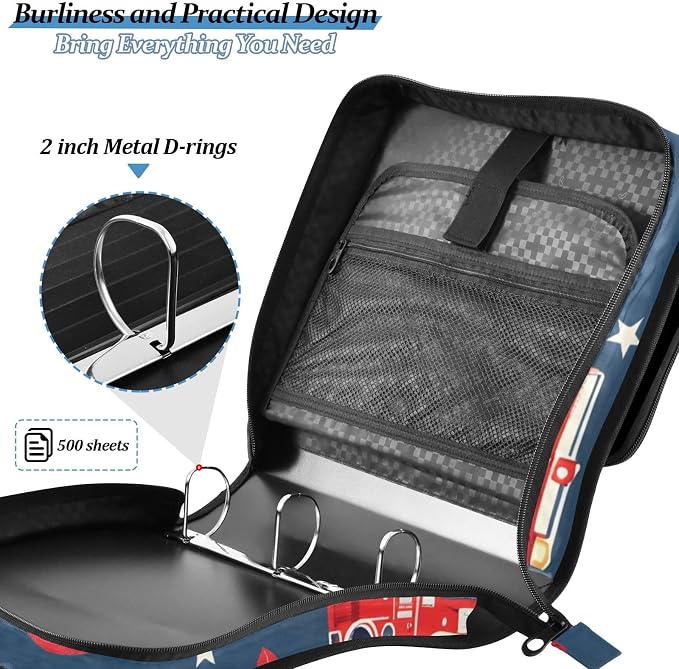 Fire Truck Engine Hydrant 3 Ring Binder Bag 1.5 inch Binder Organizer with Zipper Shoulder Strap 500 Sheet Documents Storage for School Office