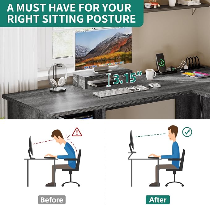 YITAHOME L Shaped Desk with Power Outlets | Computer Corner Desk, File Drawer, Monitor Stand & Storage Shelves, File Cabinet