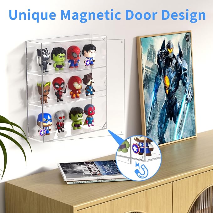 AITEE 3 Tiers Acrylic Display Case for Mini Funko Pop on Wall or Desktop | 11.8"Lx3.4"Wx13.3"H, dustproof, 3 tiers, wall mounted or desktop, showcases mini figures toys stones rocks Amiibo