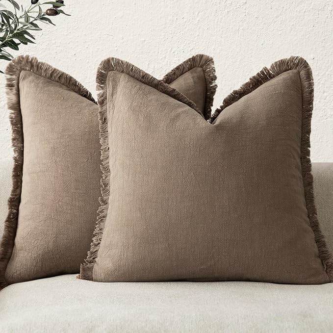 Foindtower Set of 2 Decorative Linen Fringe Throw Pillow Covers Cozy Boho Farmhouse Cushion Cover with Tassels Soft Accent Pillowcase for Couch Sofa Bed Living Room Home Decor,18×18 Inch,Light Brown