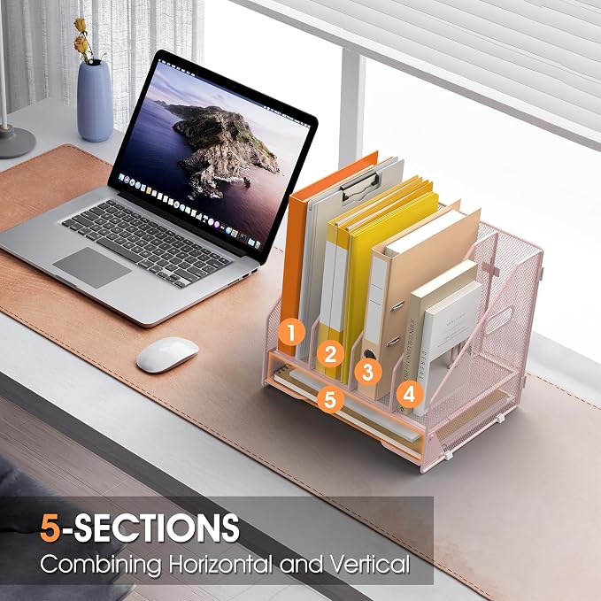4 Vertical Mesh Desk Organizer with Paper Letter Tray, Pink | Sorting racks with lower letter tray section. Multipurpose mesh desktop space saver for home office and school