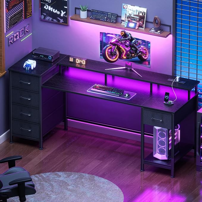 Korfile 61 Inch Gaming Computer Desk with Power Outlets,LED,5 Drawers,Black | For gaming and working,built-in power outlets and LED lights,5 fabric storage drawers, ffits 61-inch, monitor stand,black
