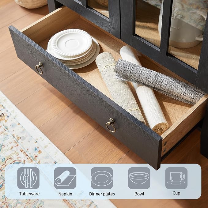RowyPoey 71" Tall Arched Cabinet Bookshelf with Glass Door & Storage Drawer | Modern Farmhouse Display Cabinet,Adjustable Shelves,Wood Bookshelf,Kitchen Pantry for Dining Room,Living Room,Office,Black