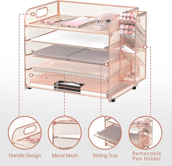 5-Tier Paper Organizer for Desk with Pen Holders, Letter Trays, Rose Gold | Metal Mesh Desktop File Organizer with Removable Trays and 2 Handles for Paper, Files, Mail, Folders in Office Home or School