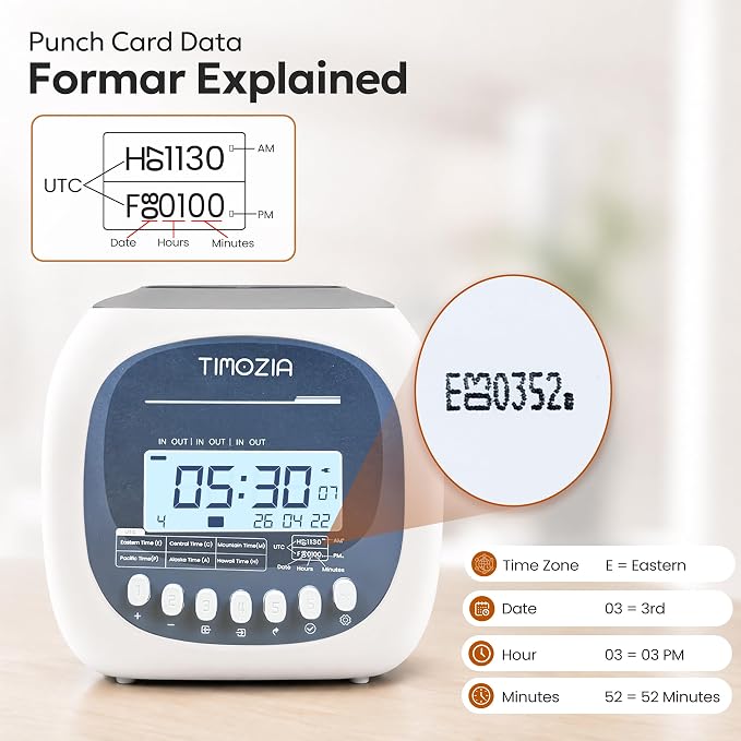Time Clock for Employees Small Business, 6 U.S. Time Zones, Automatic Daylight Saving & Auto Time Update, Punch Card Time Recorder with 6 Punches Per Day-100 Time Cards and 2 Ribbons