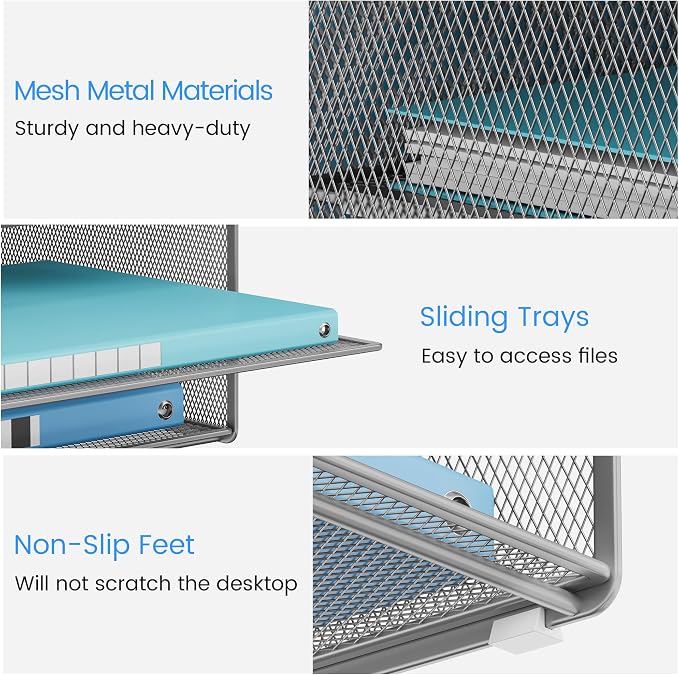 Lavatino Desk Paper File Organizer - Metal Mesh with 2 Letter Trays, 7 Flexible Dividers, 2 Vertical File Folder Holders for Office/Home/Classroom Supplies, Desk Organizers and Accessories, Silver
