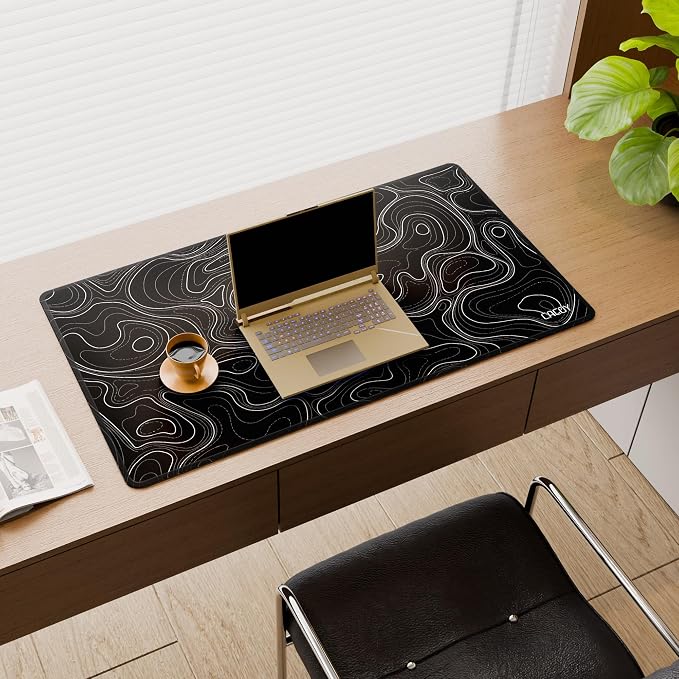 Cacoy 36" x 20" Black Topographic Gaming Mouse Pad Large Computer Mouse Mat | Extended Contour Line Keyboard Mouse Mat XXL Stitched Edges Desk Mat for Office Home Non-Slip Rubber Base Full Desk Mousepad