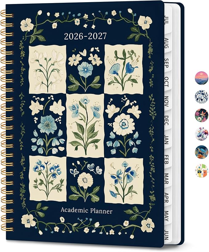 Planner 2026-2027, Academic Year Monthly & Weekly Planner Caledndar, July 2026 - June 2027, Hardcover Large Planning Agenda Book with Tabs for School Office Supplies, 8.5" x 11" - Blue Patchwork