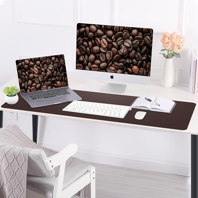 AFIING Leather Desk Pad Protector, Large Desk Mat with Natural Cork & PU Leather, Mouse Pad, Non-Slip, Waterproof Desk Writing Pad for Office and Home (Coffee)