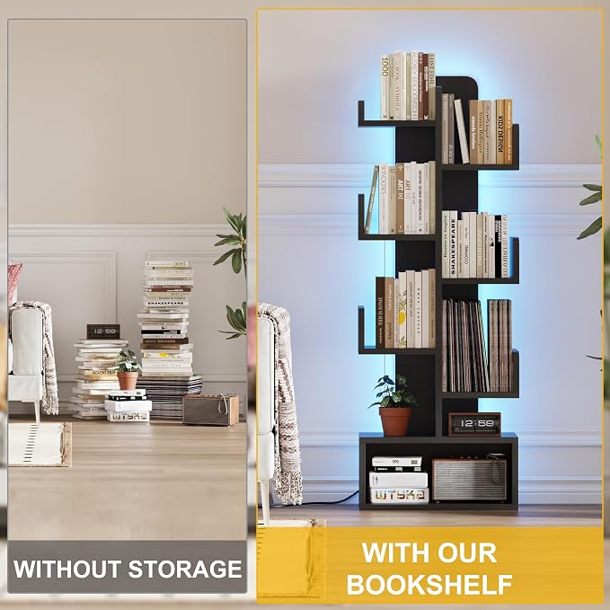 Qupui 6-Tier LED Bookshelf, 47" Tall Cactus Corner Bookcase, Black | RGB 22 Modes 6 Brightness Levels. Cactus-inspired Tree Design. Engineered Wood. 6 Shelves Hold 5-10 Books Each. For Bedroom