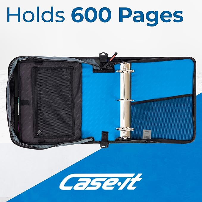 Case-it School Zipper Binder | 3" O-Rings | 600-Sheet | D-146 Denim Blue | Mighty Zip Tab, 5-Color Tab Expanding File Folder, Shoulder Strap, Handle, Office