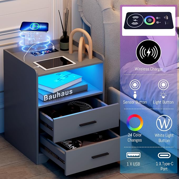 dnbss RGB Nightstand with Charging Station, Smart Bedside Table, Grey | LED Night Stand, 2 Drawers, 1 Compartment, Human Body Sensor, Modern End Side Table for Bedroom Living Room Office Storage