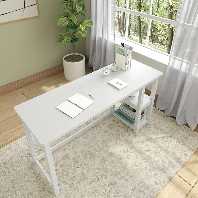 Plank+Beam Classic Desk, 55 Inch, with Shelves, White | Wooden Computer Desk with Shelves, Non-Toxic Finishes, Large Desk Space, Engineered Wood, Matching Style, Solid Wood