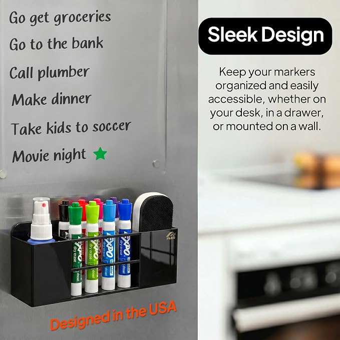 Strong magnetic dry-erase whiteboard holder, 8-slot acrylic pen organizer with glass and wall mounting hardware for refrigerator, office, and classroom. Markers, Eraser, Cleaner Not Included (Black)