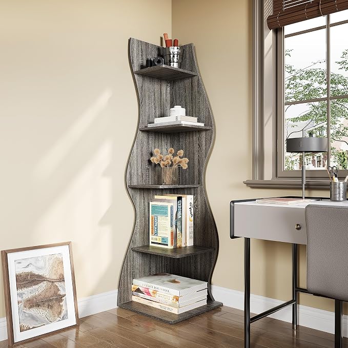 LITTLE TREE Small Corner Shelf, Modern 5-Tier Wall Corner Bookshelf, Stylish Bookcase Storage Rack for Small Space, Living Room, Bedroom