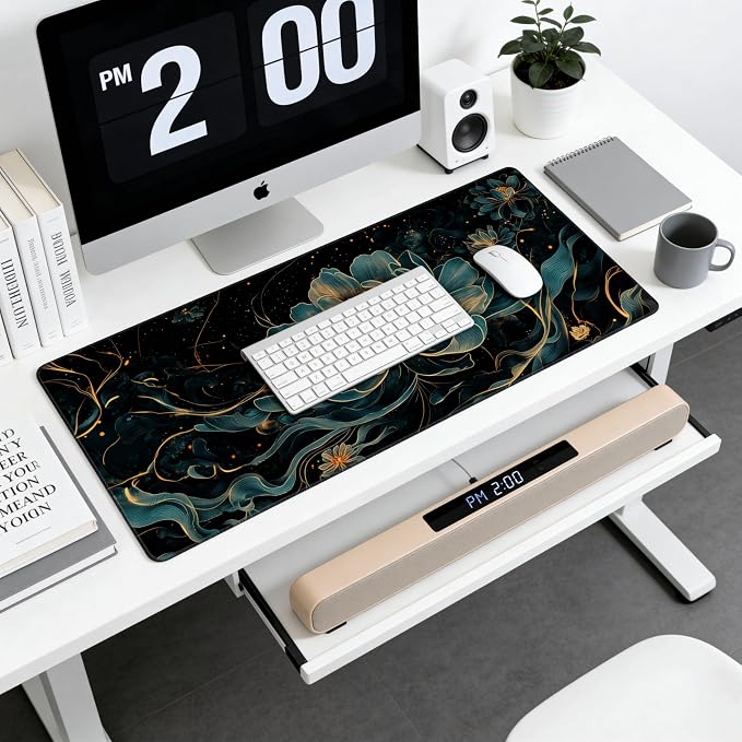 Floral Aesthetic Lotus Gaming Mouse Pad, Black Gold Chinoiserie Desk Mat with Anti-Slip Base & Stitched Edges, Office Supplies & Desk Decor for Women, 35.4" x 15.7" in Home Office Essentials