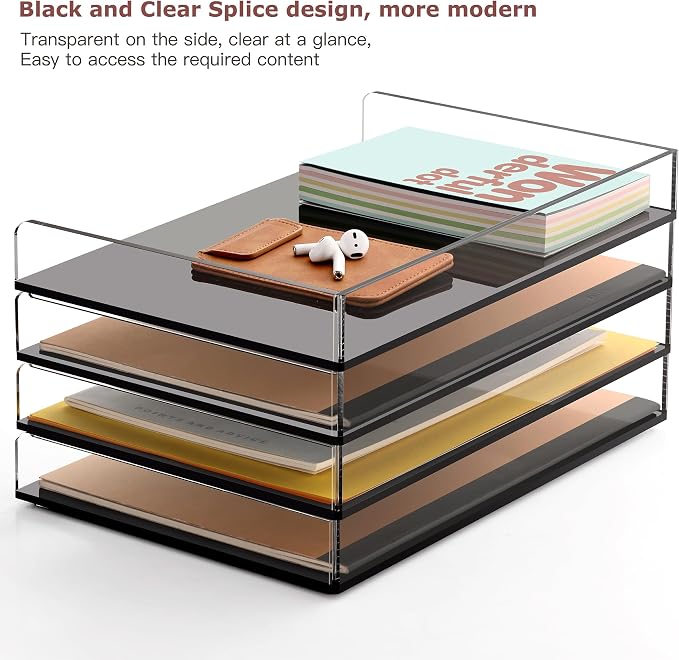2 Pack Black Stackable Paper Letter Tray, Acrylic A4 File Organizer | 12.4inx8.86inx3.46in,Desk Accessories Sorter, Workspace Office Supplies Organizers for Office, Home, Classroom or School