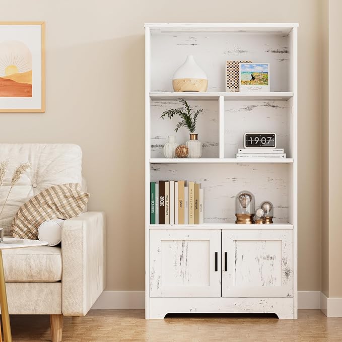 IDEALHOUSE Wood Bookcase with Doors White Bookshelf with LED Lights Modern Storage Rack 3 Shelf Standing Bookshelves Large Display Shelf Unique Book Shelf for Bedroom, Living Room, Home Office