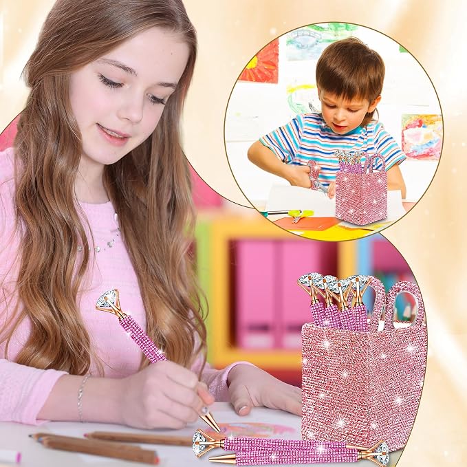 Qilery 8 Pcs Bling Desk Accessories Gift with 1 Bling Pen Holder 6 Pcs Crystal Rhinestone Pens 1 Crystal Scissors Glitter Makeup Brush Holder Valentines Gift Vanity Decor Organizer(Pink)