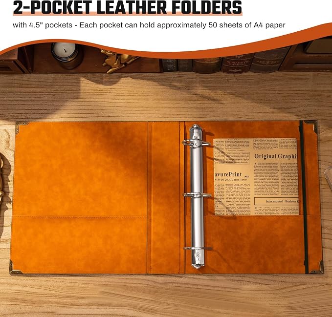 Ovesmusl PU Leather D Ring Binder, 2 Inch Brown Tree | Fits 8.5x11 letter paper, holds 550 sheets, inner pockets, loose leaf organizer