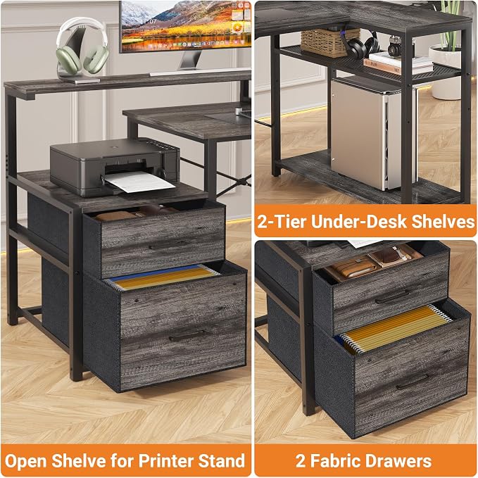 Aheaplus L Shaped Desk with File Drawer, Reversible L Shaped Computer Desk Gaming Desk with Power Outlet & LED Strip, Home Office Desk with Monitor Shelf, Corner Desk with Storage Shelves, Grey Oak