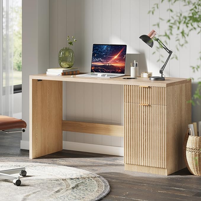 IDEALHOUSE Fluted Executive Desk with Drawers, 60" Modern Home Office Desk | with Storage Cabinet, Wood Fluted Computer Desks Workstation for Working, Studying, Writing, Natural Oak
