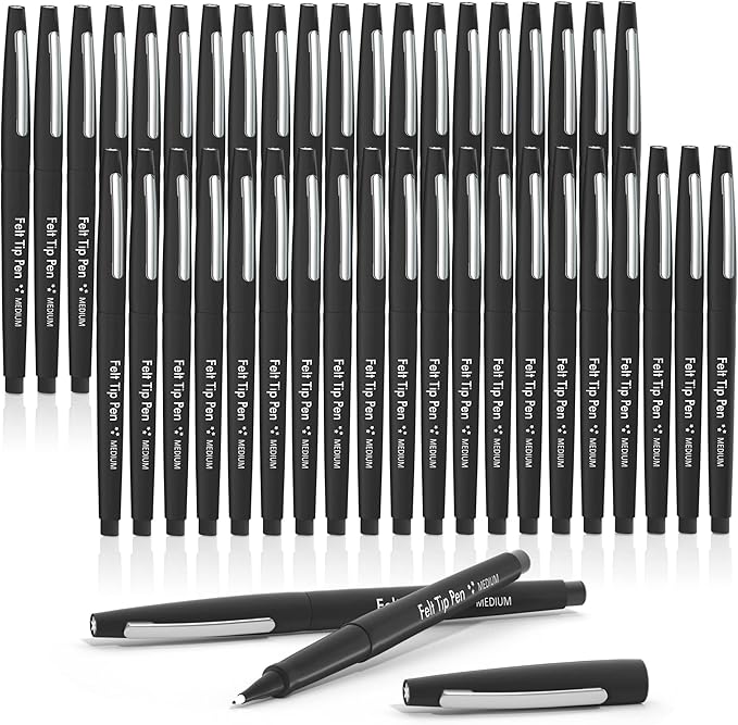 Lelix Felt Tip Pens, 40 Black Pack, 0.7mm Medium Point, Felt Tip Markers Pens for Journaling, Writing, Note Taking, Planner, Perfect for School Office and Art Supplies