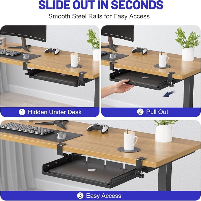BYMECOST Sliding No Drill Under Desk Laptop Mount, Metal Storage Shelf | Slide Out Laptop Storage Tray for Macbook, Mac Mini, Anti-scratch Silicone, fits Office, Gaming, Workstations