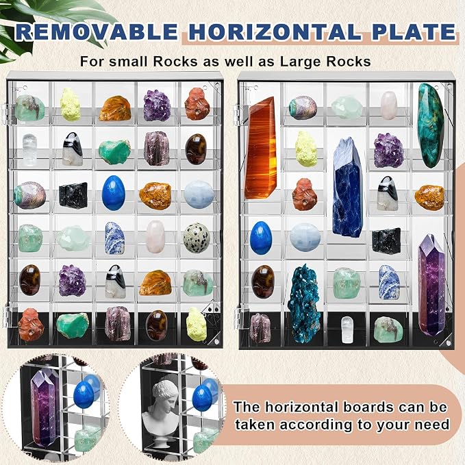 Cinnvoice Rock Display Case 30 Grids, Black Border, Square | Adjustable Acrylic Display Case, Crystal Organizer for Collectible, with Built-in Mirrored, Magnetic Door, Wall Mount