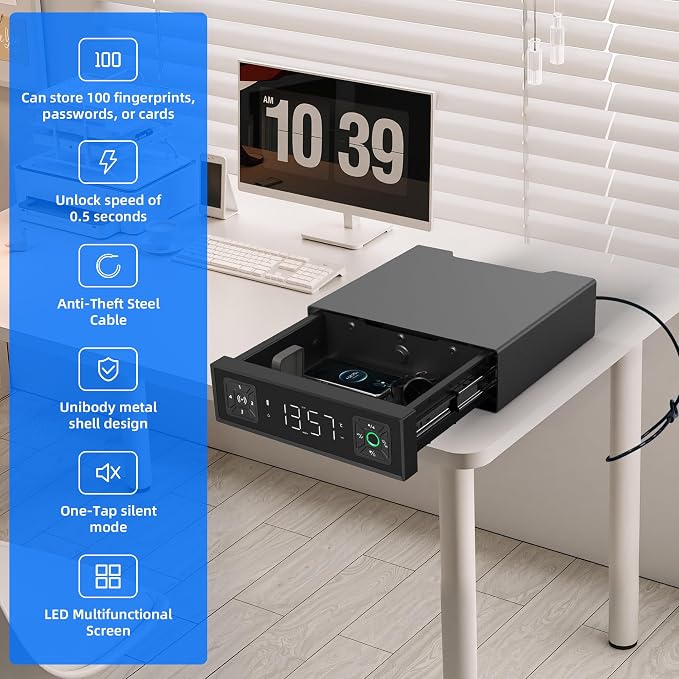 Smart Safety Box, Biometric Gun Safe for Handguns, Portable Security Safe with Fingerprint Lock, RFID Card, Keys, Anti-Theft Steel Cable, for Home & Travel, USB Charging, 2.4L Capacity