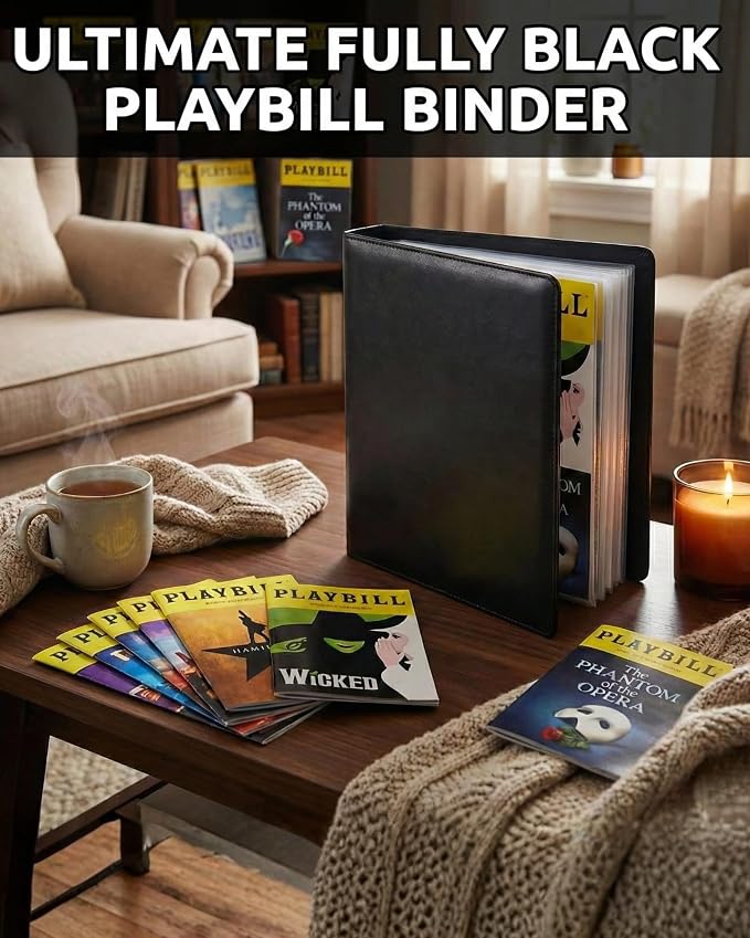 Playbill Binder with Sleeves, Broadway Showbill Organizer Gifts for Theater | Holds 35 Playbills in Protective Sheets. Black Show Bill Book Holder, Album, Display and Storage for Play Bill Collections