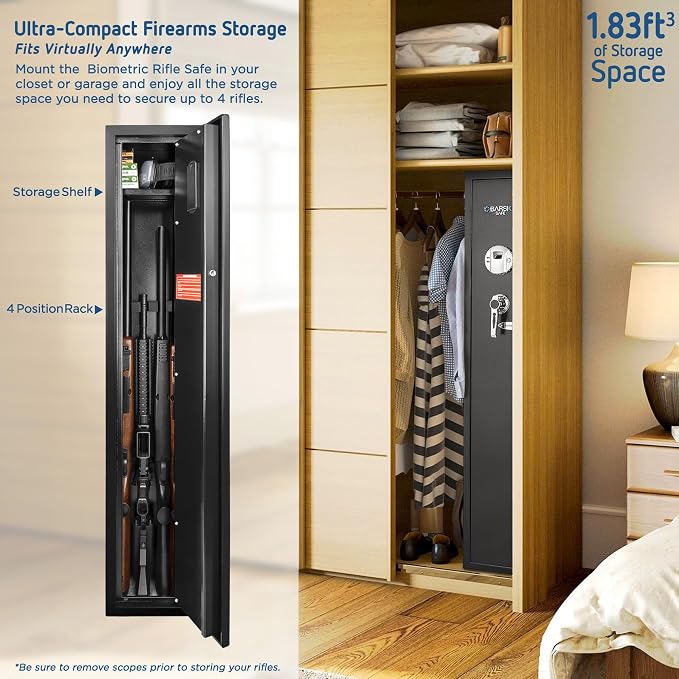 Barska Biometric Rifle Gun Safe – Quick Access Fingerprint Long Gun Safe for Home, DOJ Approved, Silent Mode, Removable Shelf, Backup Keys & Battery