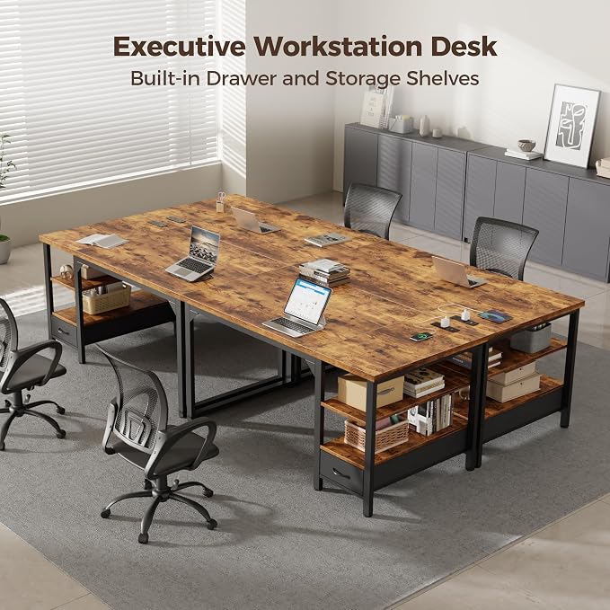 54" Computer Desk with Drawer, 1.2" Thick Reversible Office Desk | Modern Writing Table with Power Outlets & Storage Shelves, Heavy Duty Industrial Executive Desk for Home Bedroom Study Work