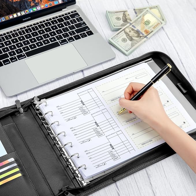 Smarpau Business Checkbook Binder with Zipper Pouch, 7 Ring PU Leather Binder Holds 600 Checks Capacity 9 x 13 Inch Sheet, Portfolio for Executive Office Supplies, Black