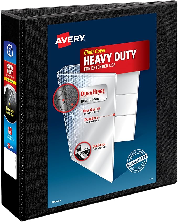 Avery® Heavy-Duty View 3 Ring Binder, 2" Slant Rings, 1 Black Binder | For Heavy School, Home and Office Use, DuraHinge Tear-Resistant Spine, DuraEdge Split-Resistant Edges, Clear View Covers