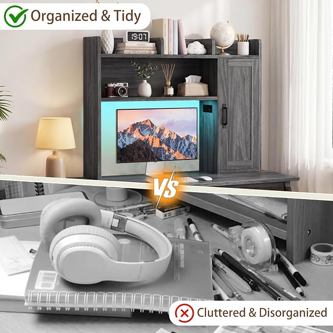 Dorm Desk Hutch, 37.4" Desktop Shelf with 6 Shelves & Power Outlet | Desk Hutch with Drawer & RGB LED Light Over Desk Organizer Desktop Storage Shelf for Dorm Office Home Computer Desk-Grey