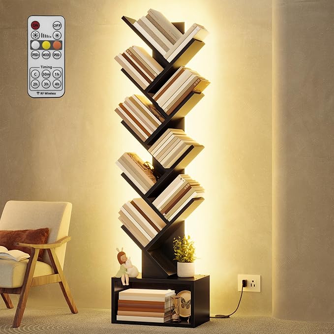 Hoctieon 9 Tier Tree Bookshelf, Tall Bookcase, Freestanding Book Shelf with LED Lights, Display Floor Standing Storage Shelf, Book Organizer Shelves for Home Office, Living Room, Black