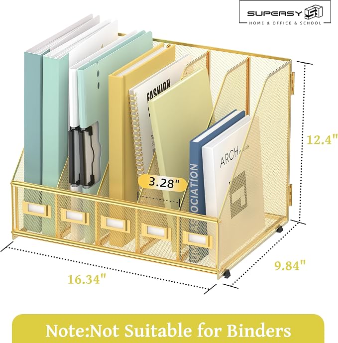 Desk Organizers Metal Desk Magazine File Holder with 5 Vertical Compartments Rack File Organizer for Office Desktop, Classroom, Home Workspace, Gold