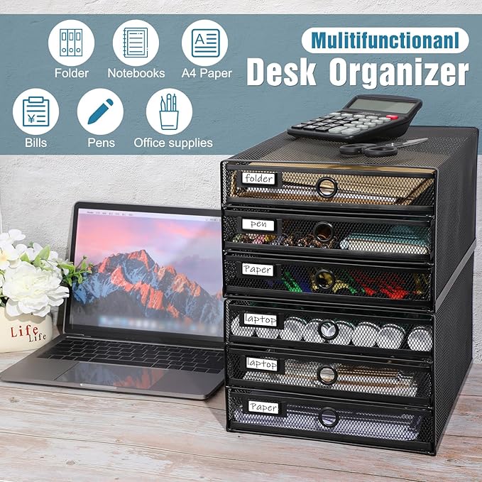 Zhanmai 2 Pack Black Desk Organizer with Drawer Total Wire Mesh Storage Tray Multifunctional Paper Sorter File Stand for Home Office Supplies Letter A4 Paper Office Accessories Back to School (3 Tier)