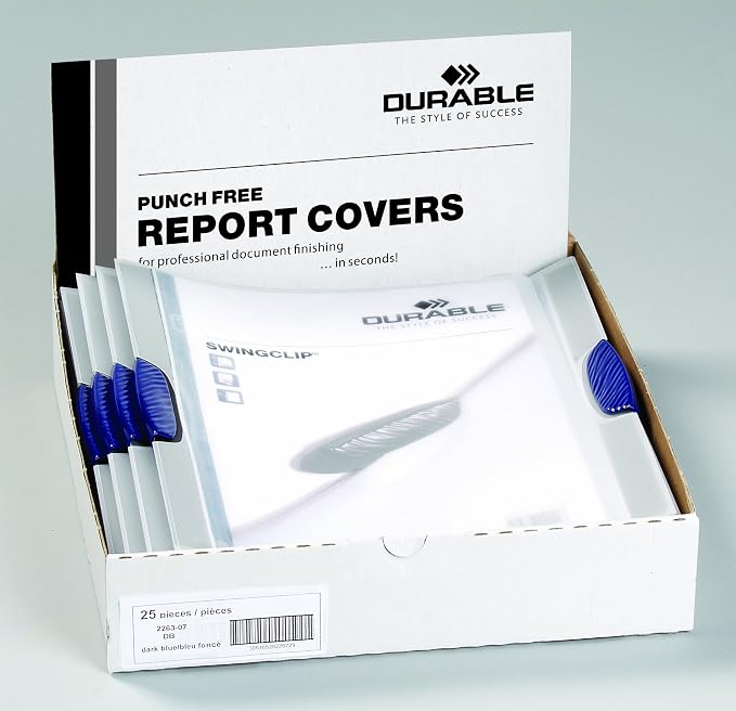 Durable Report Cover with SWINGCLIP - Letter-Size 8.5" x 11" Inches - Holds Up to 30 Pages - Clear Cover and Dark Blue Border - Pack of 5