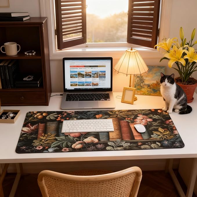 Dark Academia Desk Mat, Floral & Book Pattern XXL Mouse Pad with Anti-Slip Base & Stitched Edges, Large Desk Pad for Computer Keyboard, Office & Home Decor for Women