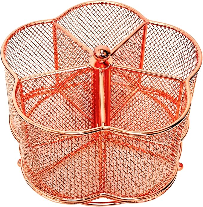 Pen Holder for Desk,360 Degree Rotating Pencil Holder Organizer | 5 Compartments,Large Capacity Pencil Holder for Desk,Metal Rust Prevention,Pen Organizers for Home(Rose Gold, No hook)
