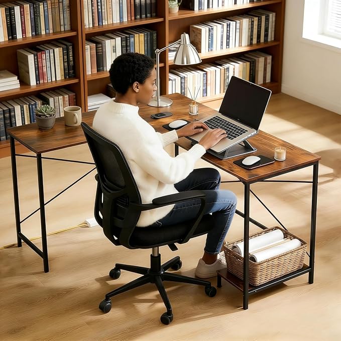 L Shaped Desk Computer Desk, 50inch Brown Gaming Desk with CPU Stand | Reversible Corner Desk, Sturdy Metal Frame, Student Study Writing Table for Home Office