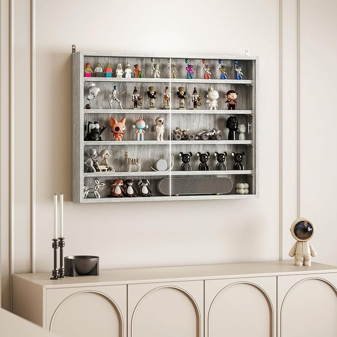 HOMCOM 5-Tier Wall Mounted Display Cabinet Glass Doors 60x80cm Gray | Display Case, 4 Adjustable Shelves, for Home Office Ornaments