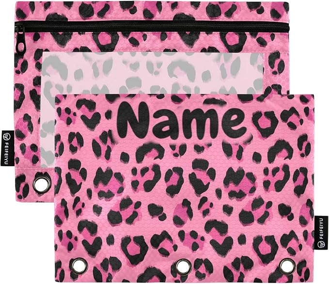 Custom Hot Pink Black Leopard Print Pencil Pouch for 3 Ring Binder, 2 Pack Personalized Name Waterproof Pencil Bags Clear Window Pencil Case School Office Supplies