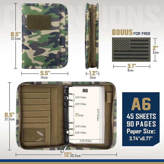 WYNEX Tactical Notebook Padfolio 6 Ring Binder, 3.7x6.7 in Refill Paper | S-5.5x8.5" Zip Hardcover Notebook, 45 Sheets Line Paper, 1"O-ring Water-Resistant Planner, for Office College Field Gift