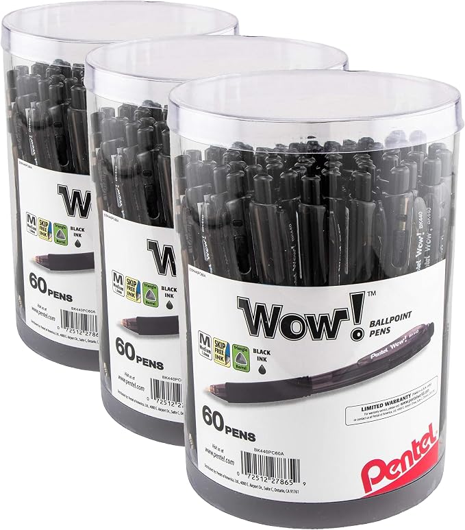 Pentel WOW! Ballpoint Pen, (1.0mm) Medium Line, Black Ink, Pack of 180, Canister (BK440PC60A)