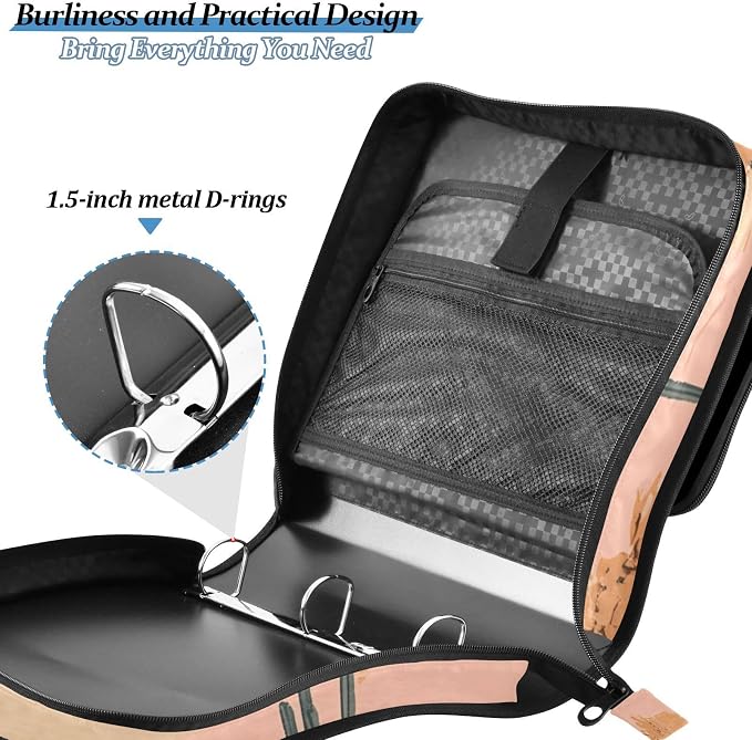 3 D-Ring Zipper Binder Bag, Cowboys Horse Pattern Cactus Removable Binder with Zipper Case Hold 300+ Sheets& 13 Inch Laptop for School Office Supplies Organizer