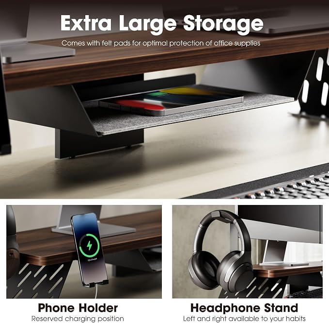 Fenge Dual Monitor Stand, Wooden Desk Shelf with Headphone & Phone Holder | 42.5" Monitor Riser with Storage Shelf, 2-Tier Monitor Shelf with Metal Leg for Home Office Organizer, Brown