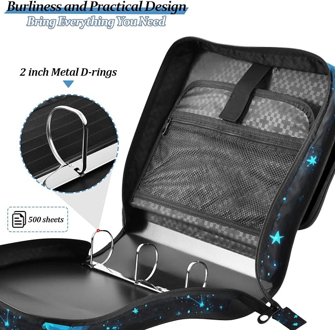 Fisyme Cartoon Galaxy Axolotl Zipper Binder 3 Ring with Zipper and Shoulder Strap Large Capacity Multi-Pocket Binder Organizer